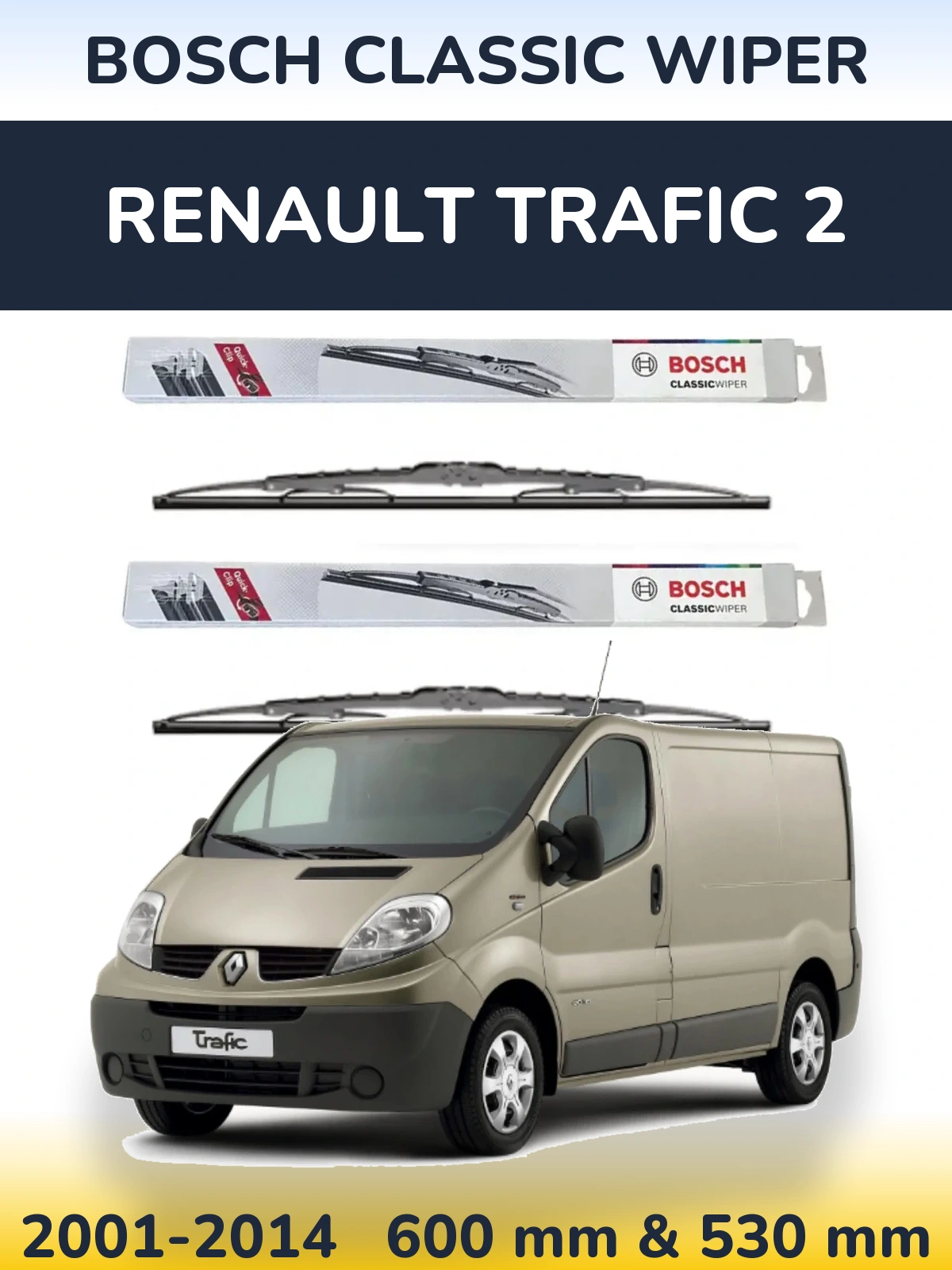 Front wiper blade set BOSCH Classic Wiper 600 & 530 mm for Renault Trafic 2 2001-2014