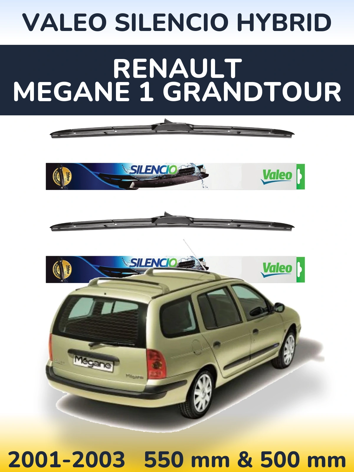 Front wiper blade set Valeo Silencio Hybrid 550 & 500 mm for Renault Megane 1 Grandtour 2001-2003