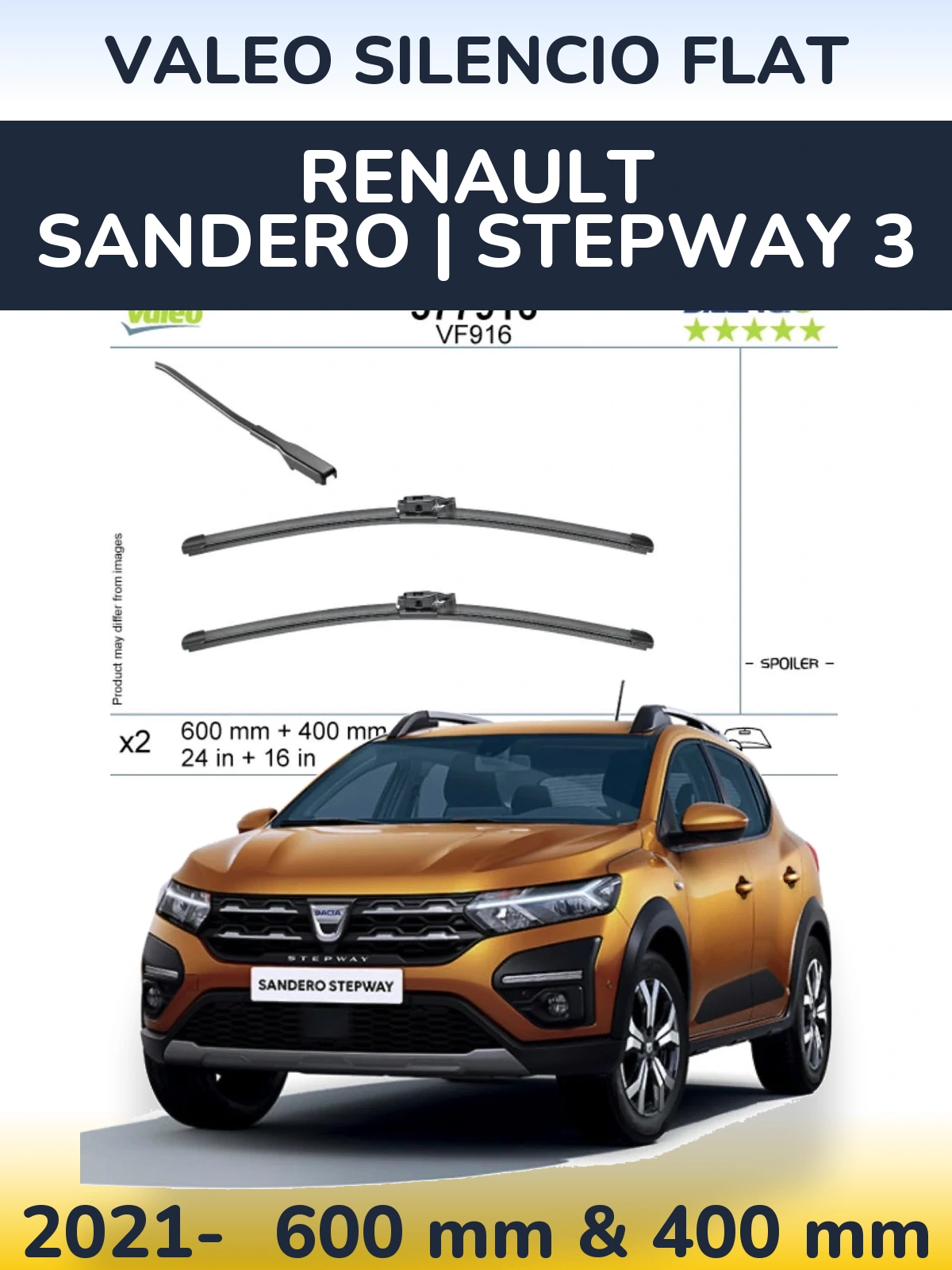 Комплект передних дворников Valeo Silencio Flat 600 & 400 мм для Renault Sandero | Stepway 3 2021-2026