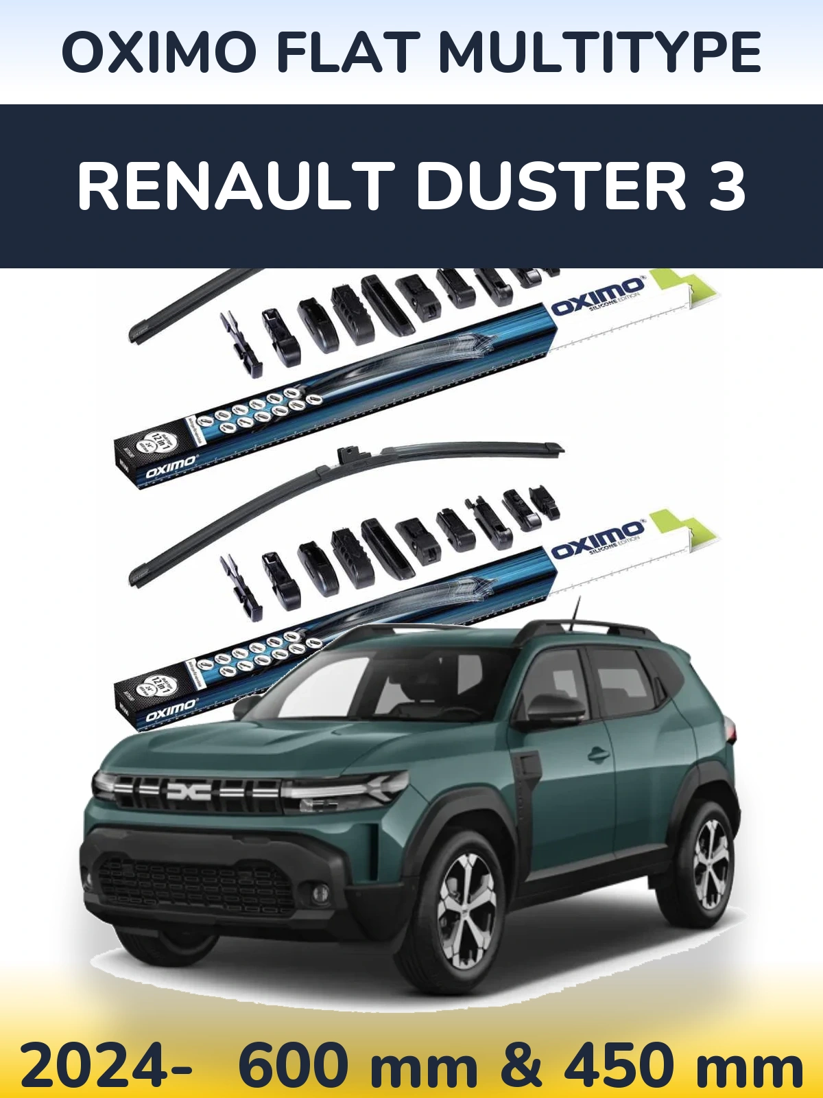Front wiper blade set Oximo Flat MultiTypee 600 & 450 mm for Renault Duster 3 2024-2026