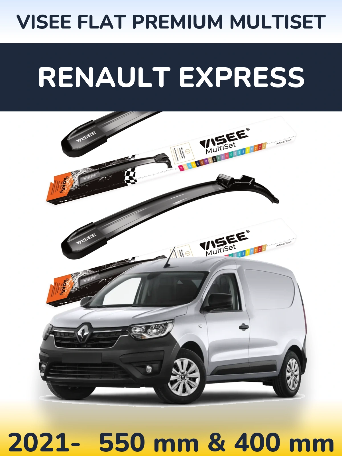 Комплект передніх щіток VISEE FLAT PREMIUM MultiSet 550 & 400 мм для Renault Express 2021-2026