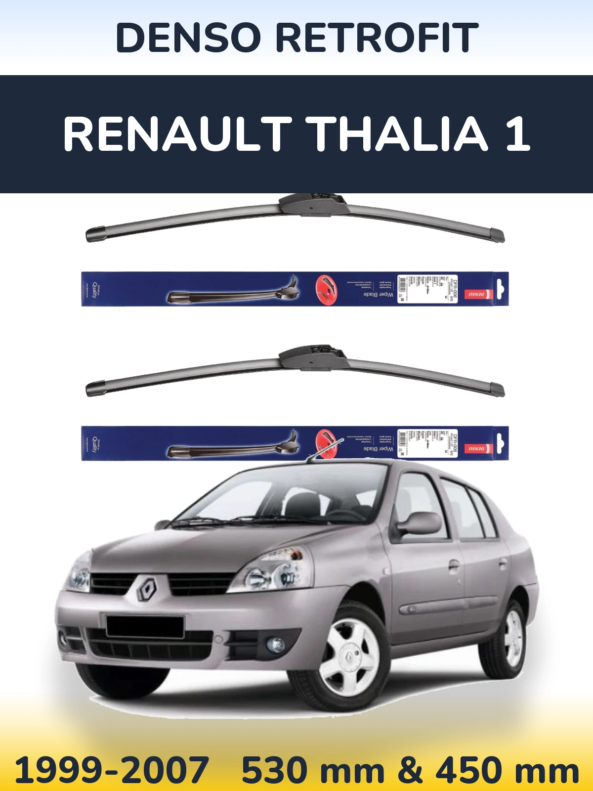 Front wiper blade set Denso Retrofit 530 & 450 mm for Renault Thalia 1 1999-2007