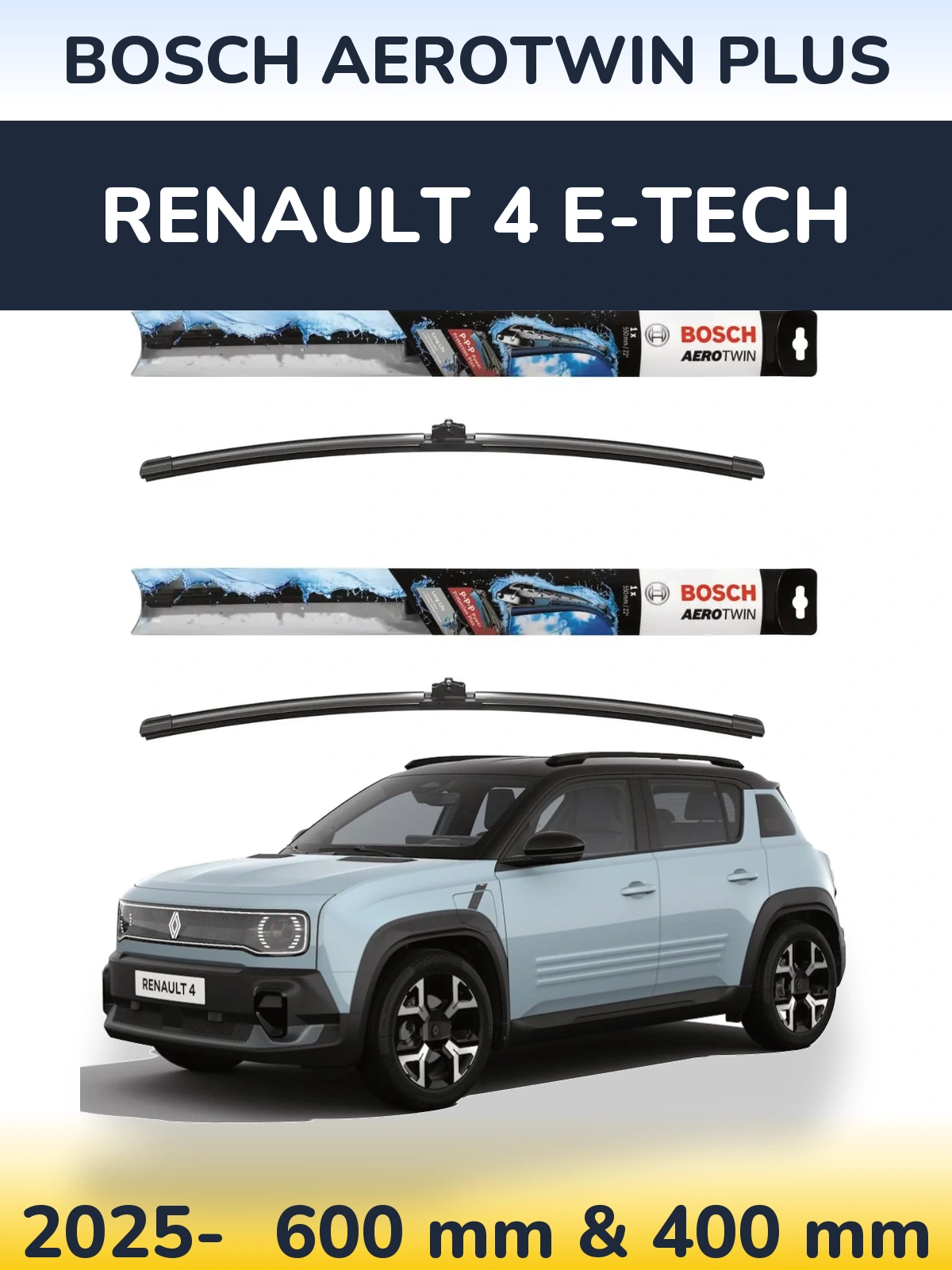 Комплект передних дворников BOSCH AeroTwin Plus 600 & 400 мм для Renault 4 E-Tech 2025-2026