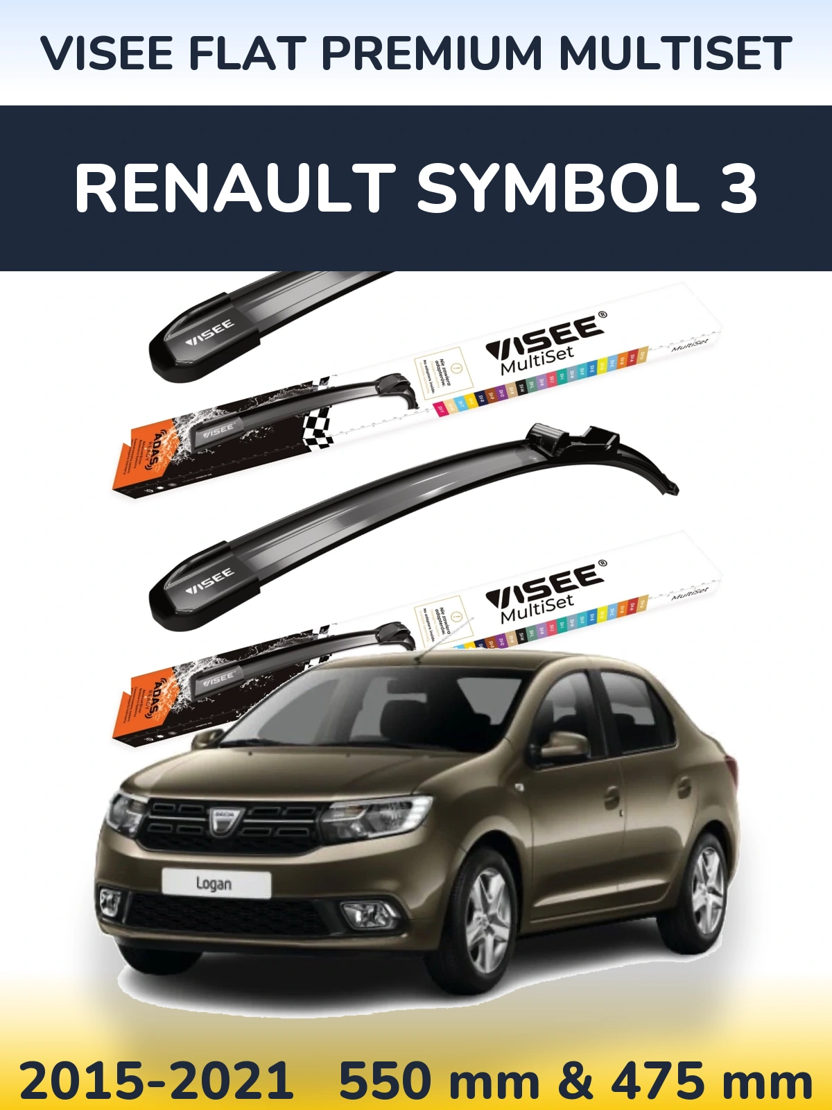 Front wiper blade set VISEE FLAT PREMIUM MultiSet 550 & 475 mm for Renault Symbol 3 2015-2021