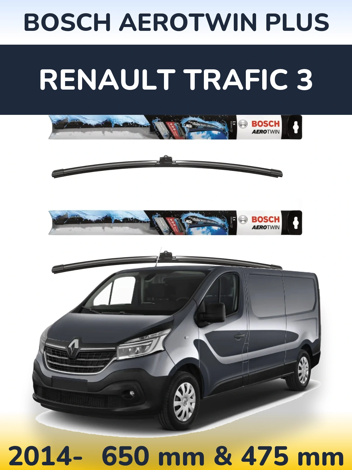 Front wiper blade set BOSCH AeroTwin Plus 650 & 475 mm for Renault Trafic 3 2014-2026