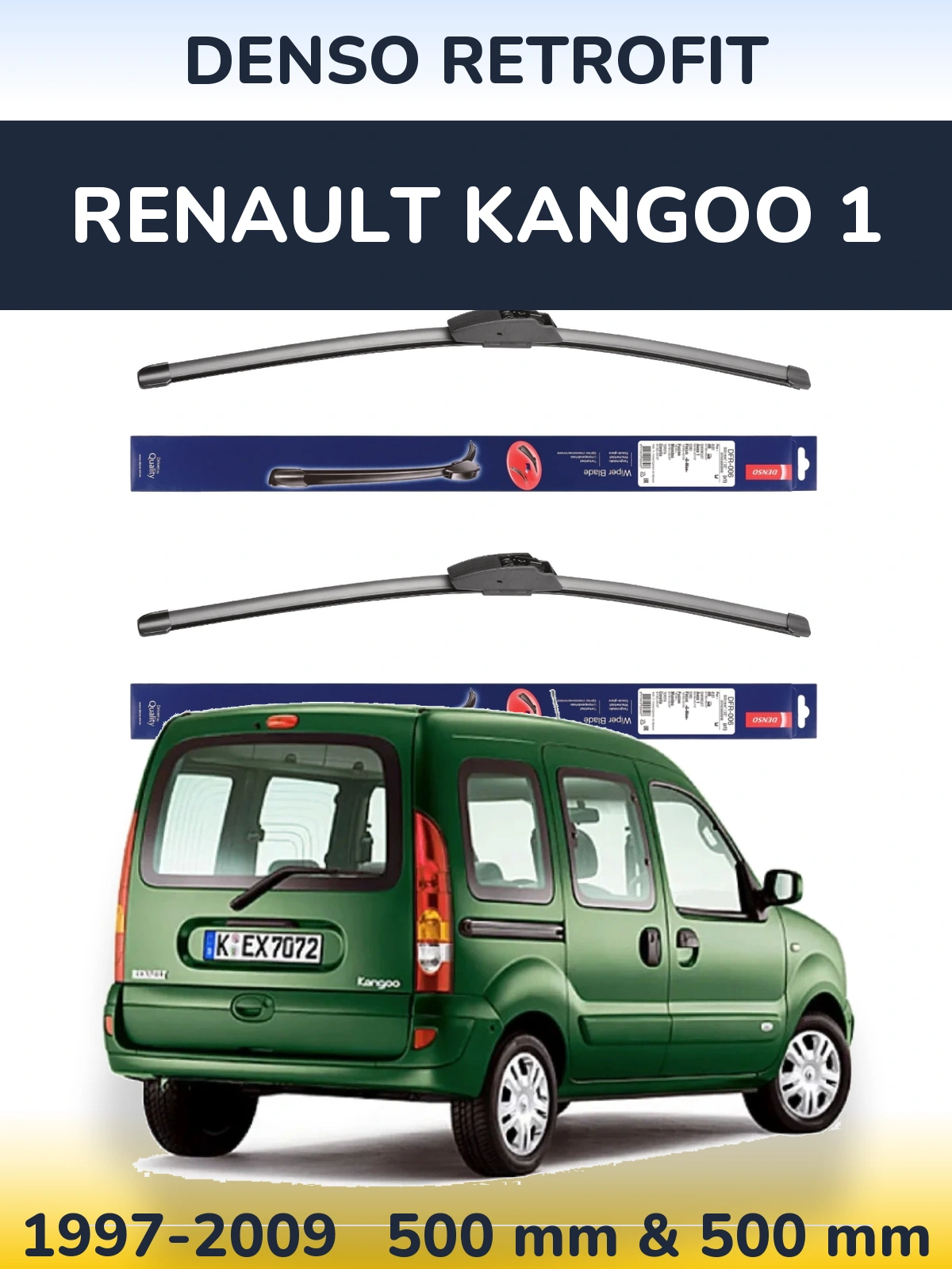 Front wiper blade set Denso Retrofit 500 & 500 mm for Renault Kangoo 1 1997-2009