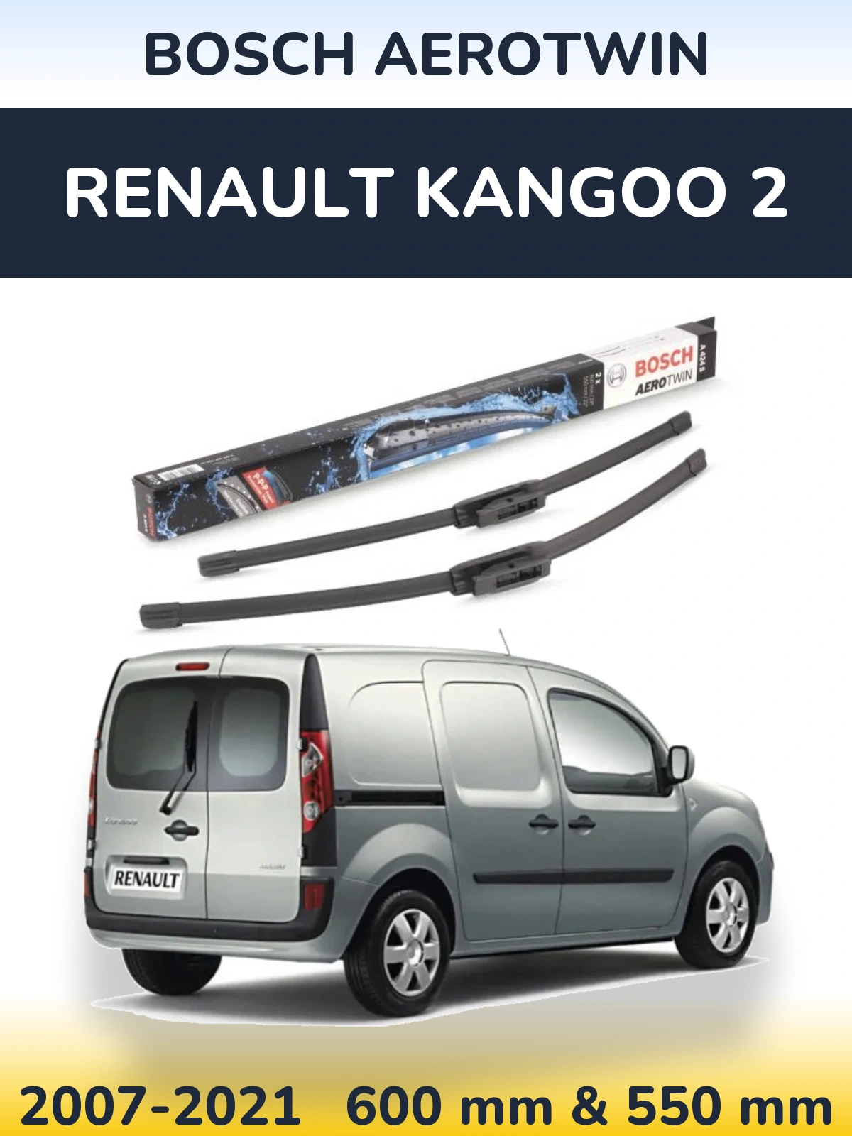 Front wiper blade set BOSCH AeroTwin 600 & 550 mm for Renault Kangoo 2 2007-2021