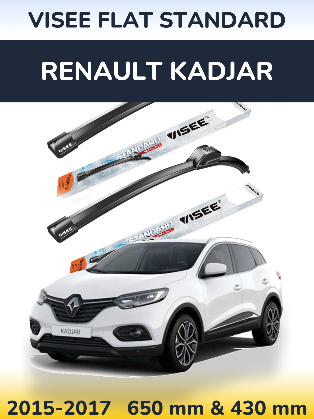 Front wiper blade set VISEE FLAT STANDARD 650 & 430 mm for Renault Kadjar 2015-2017