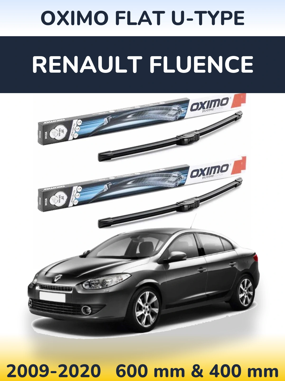 Front wiper blade set Oximo Flat U-type 600 & 400 mm for Renault Fluence 2009-2020