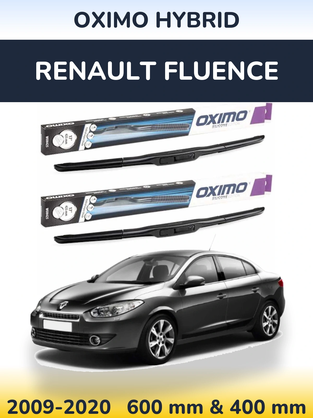 Комплект передних дворников Oximo Hybrid 600 & 400 мм для Renault Fluence 2009-2020