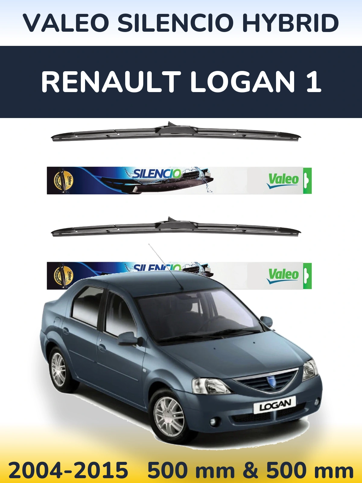 Front wiper blade set Valeo Silencio Hybrid 500 & 500 mm for Renault Logan 1 2004-2015