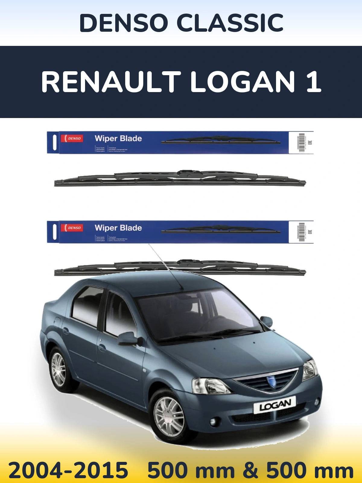 Front wiper blade set Denso Classic 500 & 500 mm for Renault Logan 1 2004-2015