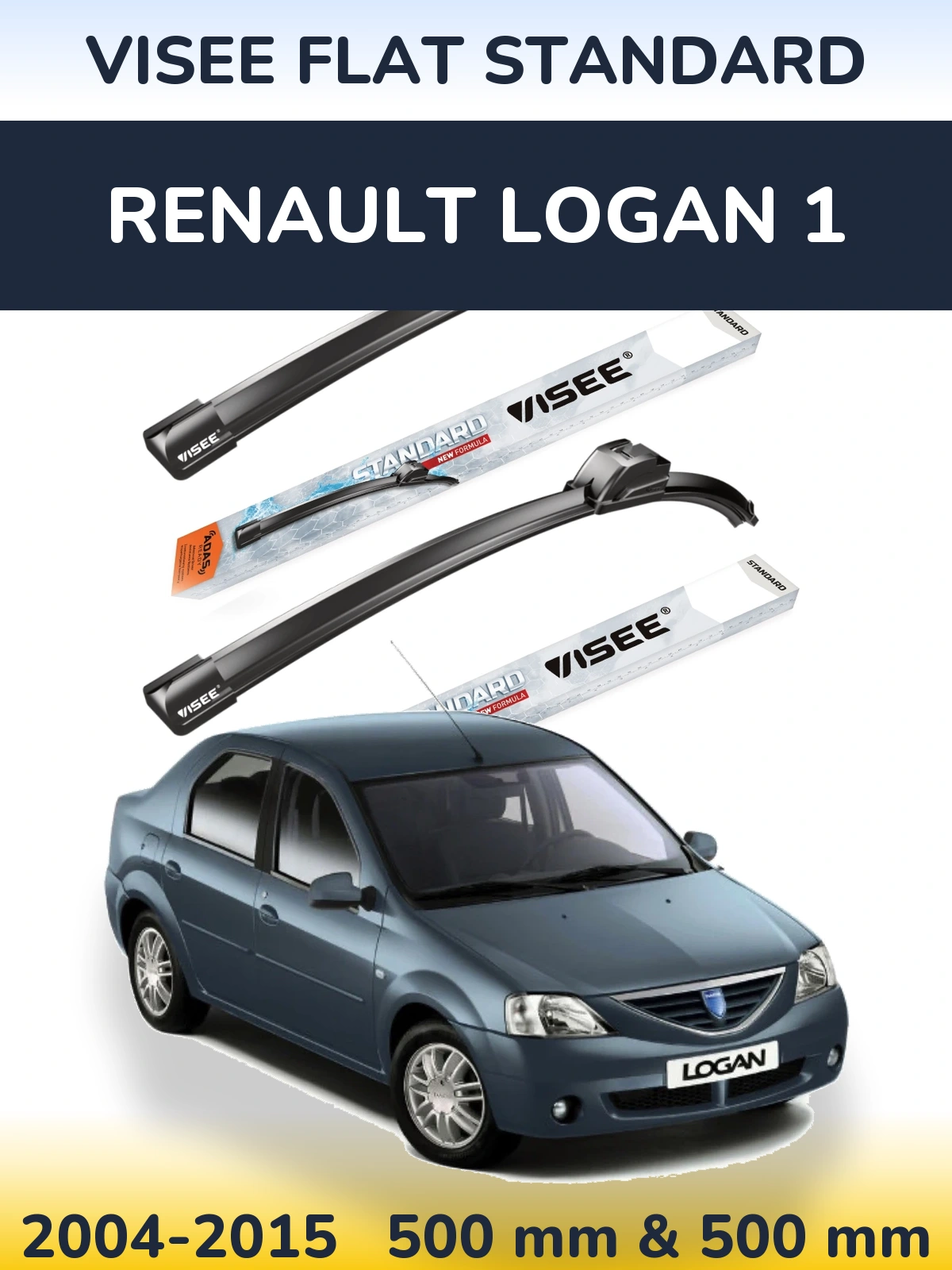 Front wiper blade set VISEE FLAT STANDARD 500 & 500 mm for Renault Logan 1 2004-2015