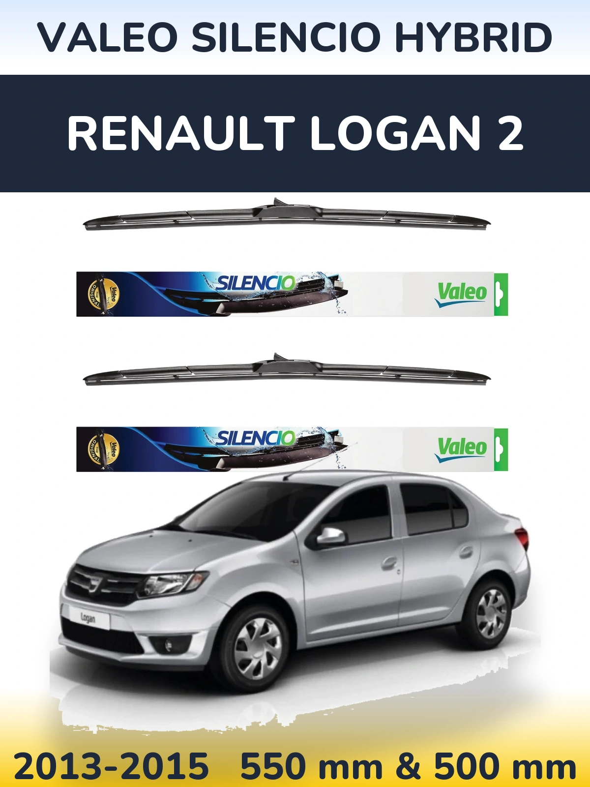 Front wiper blade set Valeo Silencio Hybrid 550 & 500 mm for Renault Logan 2 2013-2015