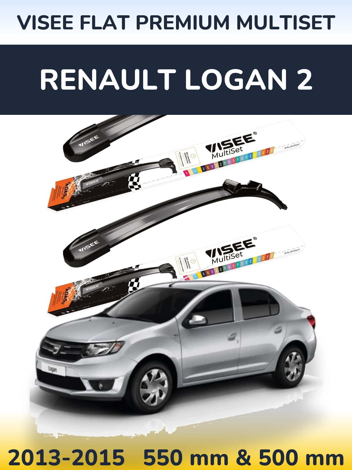 Front wiper blade set VISEE FLAT PREMIUM MultiSet 550 & 500 mm for Renault Logan 2 2013-2015