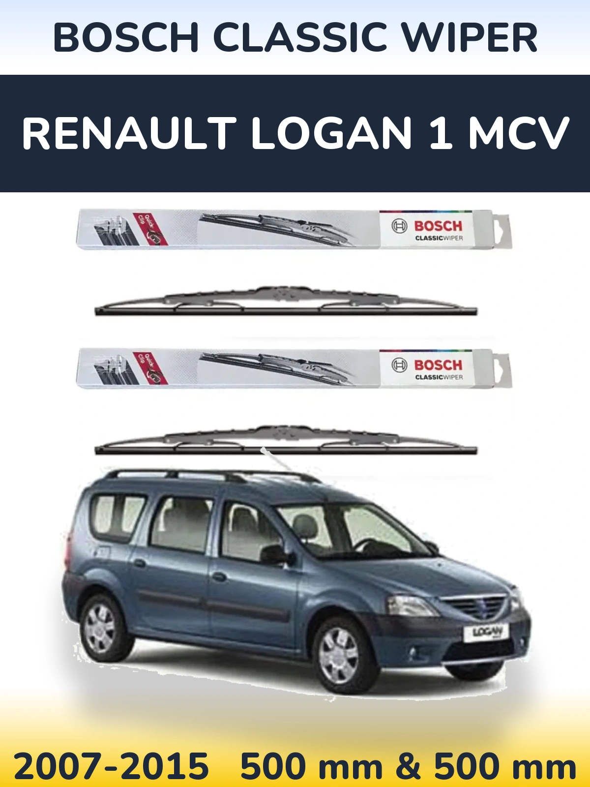 Front wiper blade set BOSCH Classic Wiper 500 & 500 mm for Renault Logan 1 MCV 2007-2015