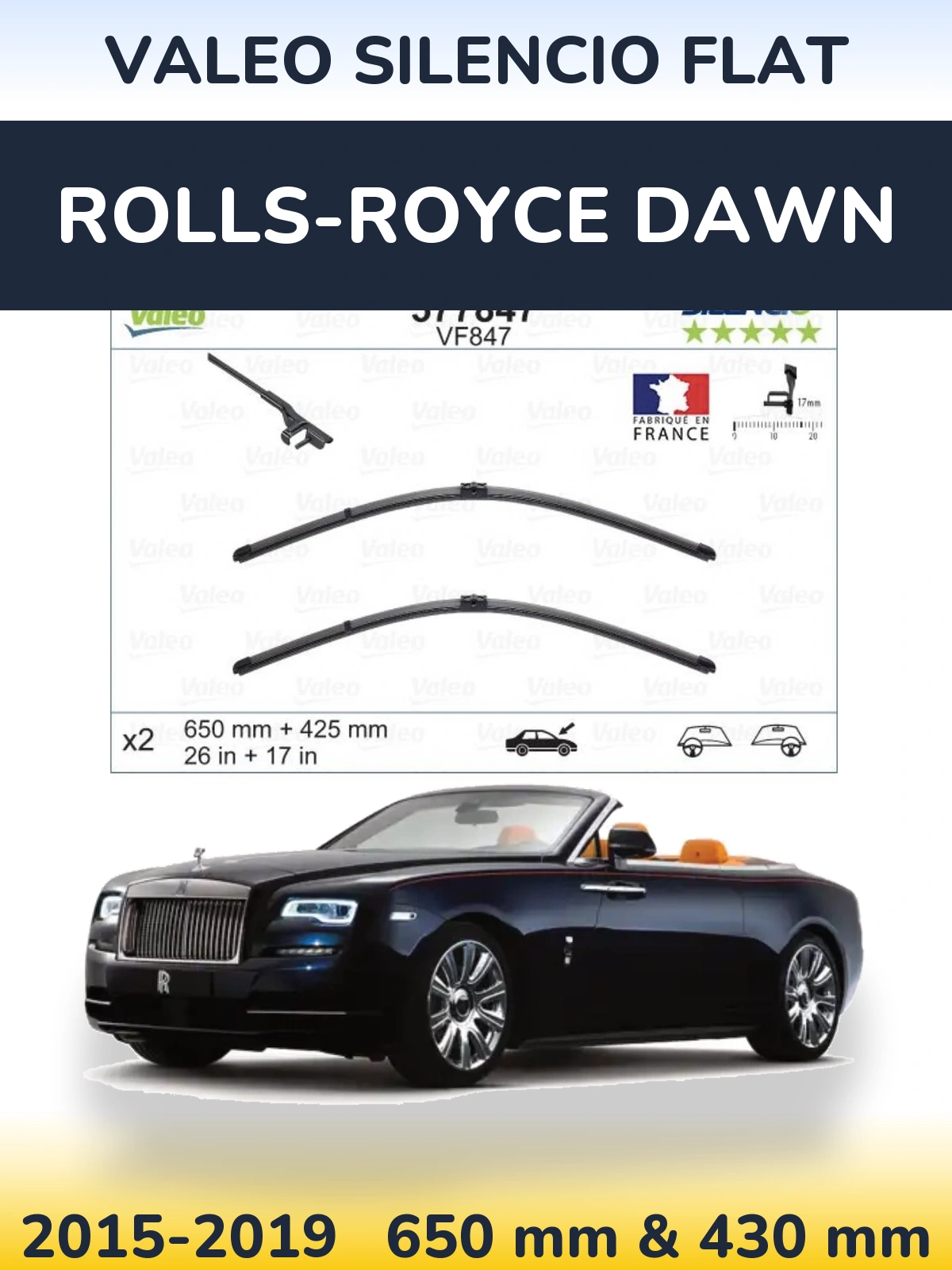 Комплект передніх щіток Valeo Silencio Flat 650 & 430 мм для Rolls-Royce Dawn 2015-2019