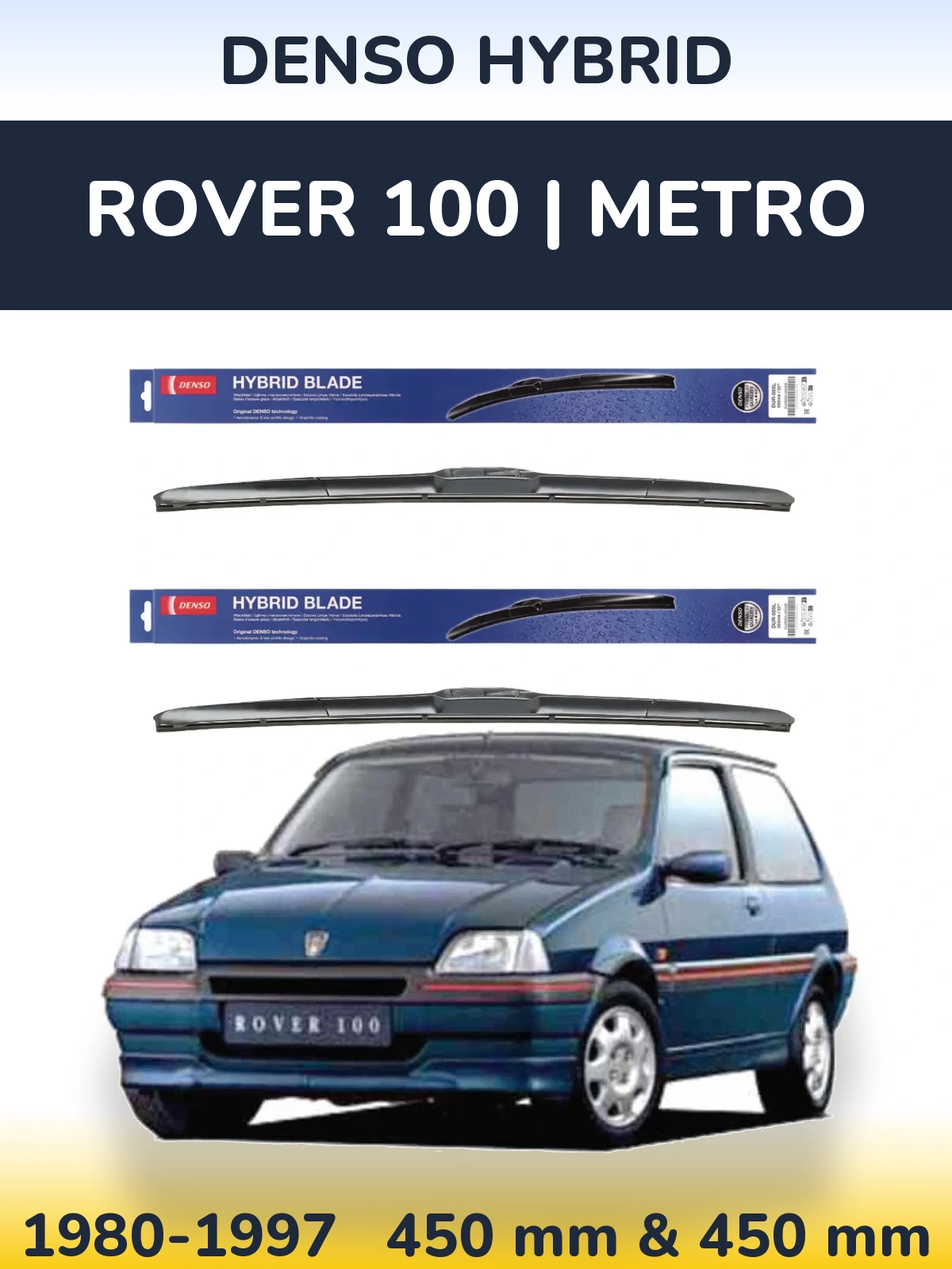 Komplet przednich wycieraczek Denso Hybrid 450 & 450 mm do Rover 100 | Metro 1980-1997