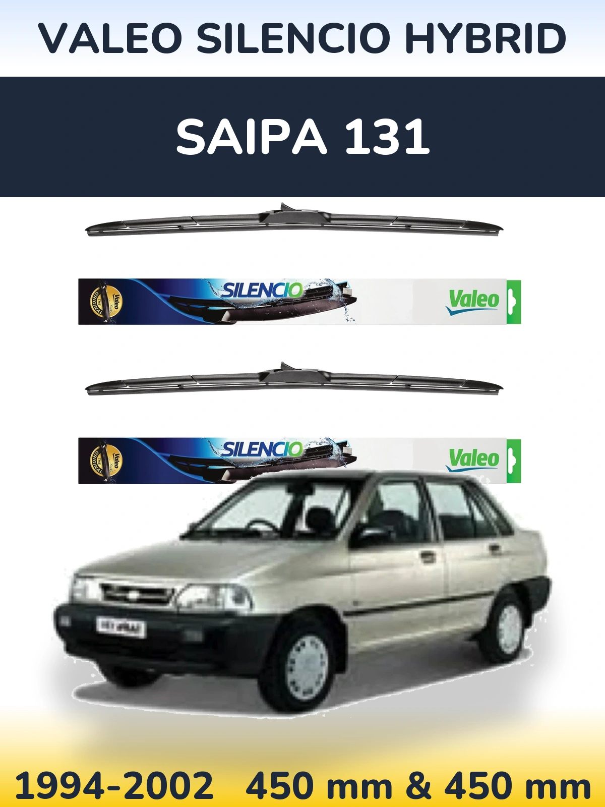 Front wiper blade set Valeo Silencio Hybrid 450 & 450 mm for Saipa 131 1994-2002