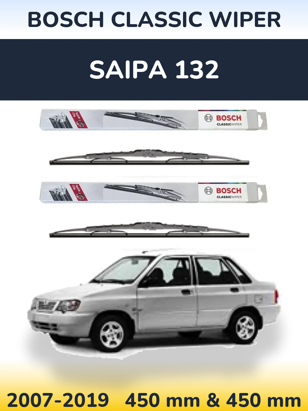 Front wiper blade set BOSCH Classic Wiper 450 & 450 mm for Saipa 132 2007-2019