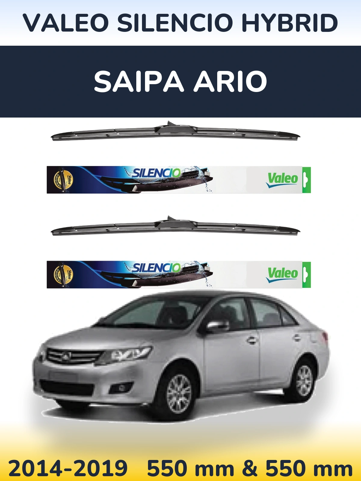 Front wiper blade set Valeo Silencio Hybrid 550 & 550 mm for Saipa Ario 2014-2019