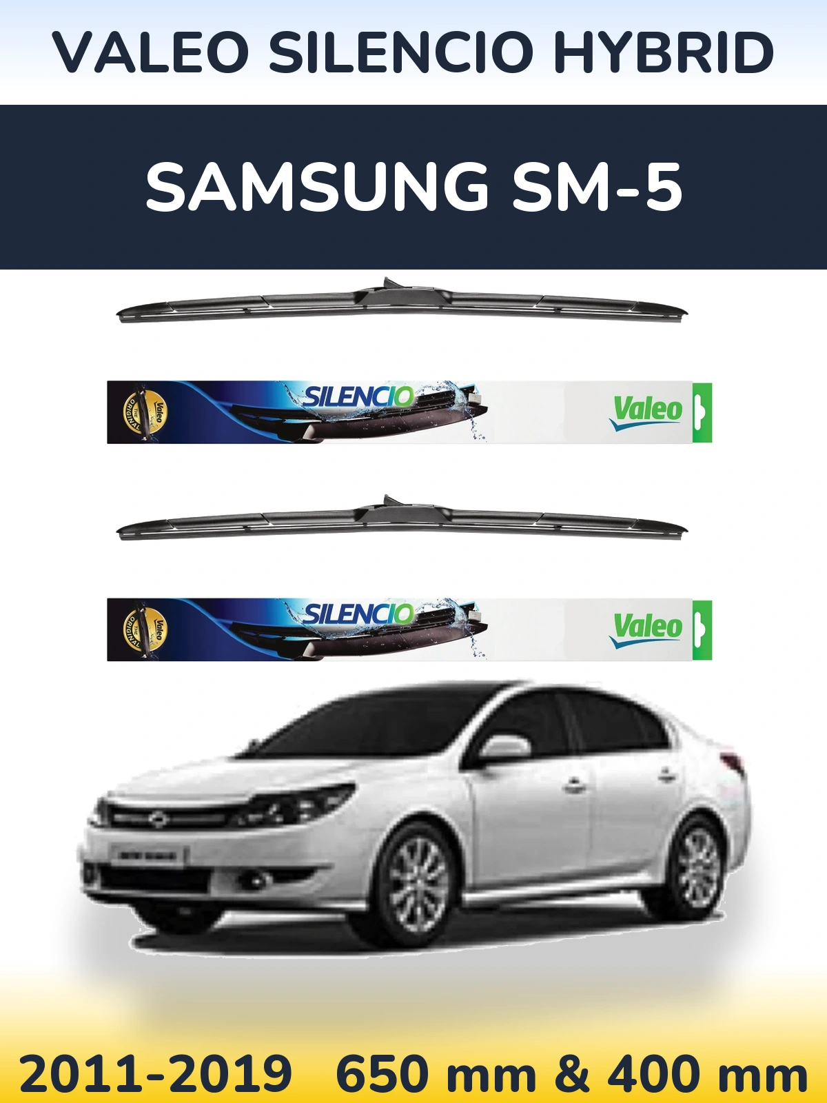 Front wiper blade set Valeo Silencio Hybrid 650 & 400 mm for Samsung SM-5 2011-2019