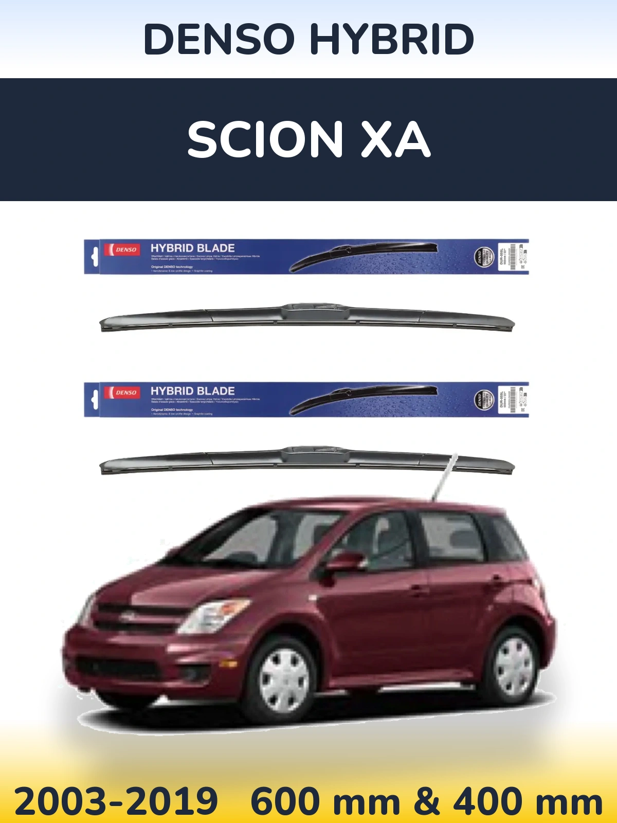 Front wiper blade set Denso Hybrid 600 & 400 mm for Scion xA 2003-2019