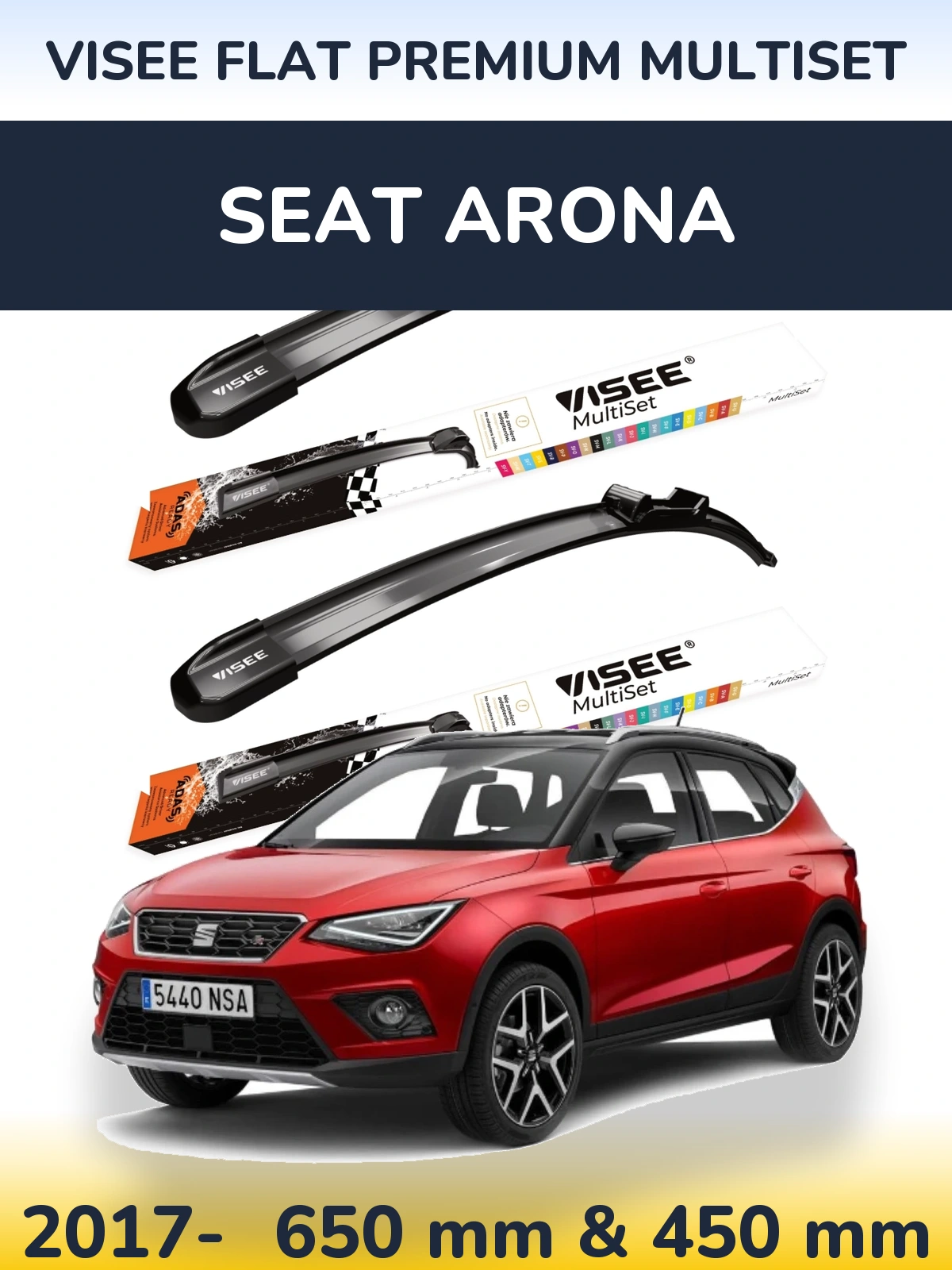 Front wiper blade set VISEE FLAT PREMIUM MultiSet 650 & 450 mm for SEAT Arona 2017-2026
