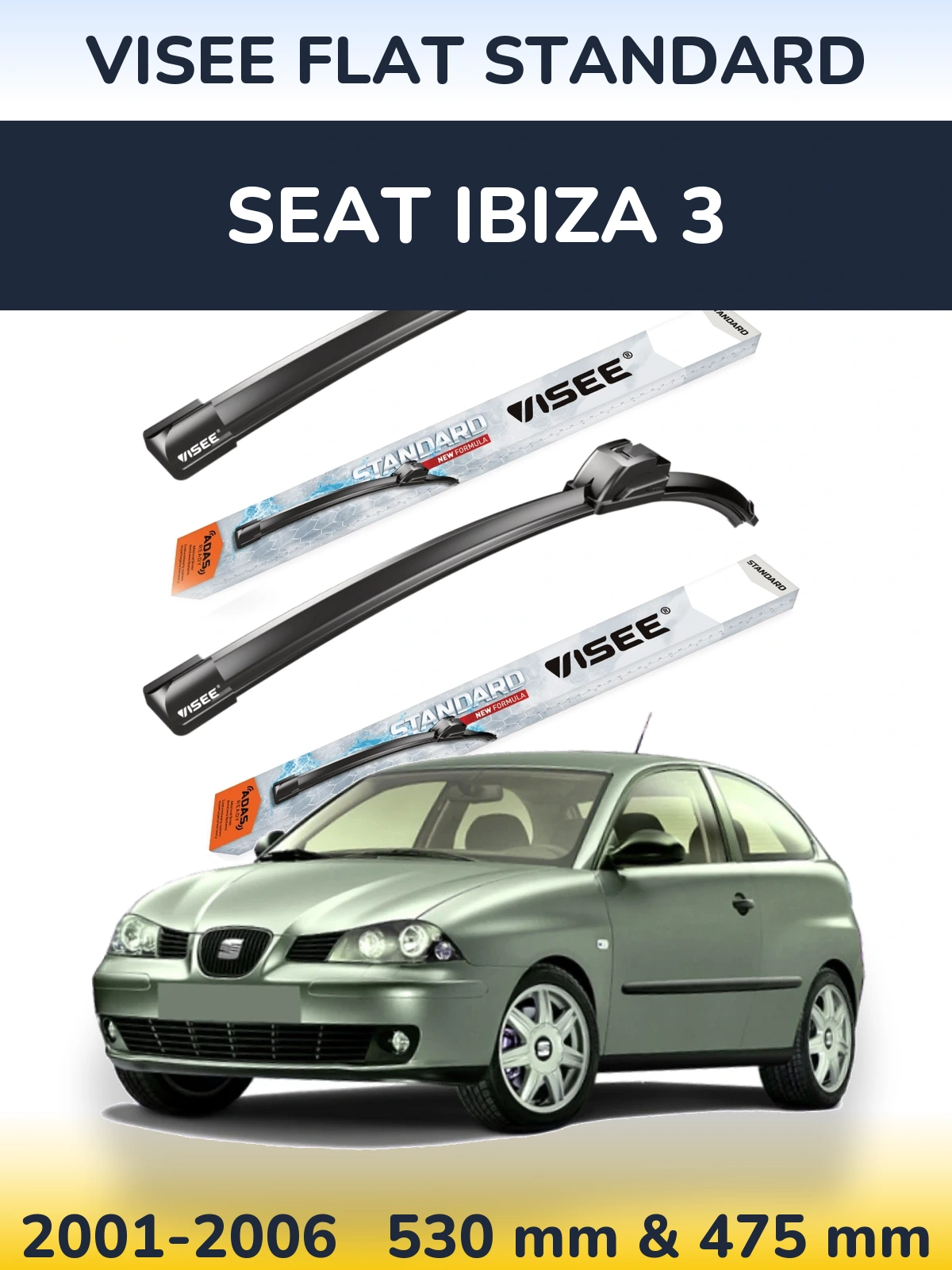 Комплект передних дворников VISEE FLAT STANDARD 530 & 475 мм для SEAT Ibiza 3 2001-2006