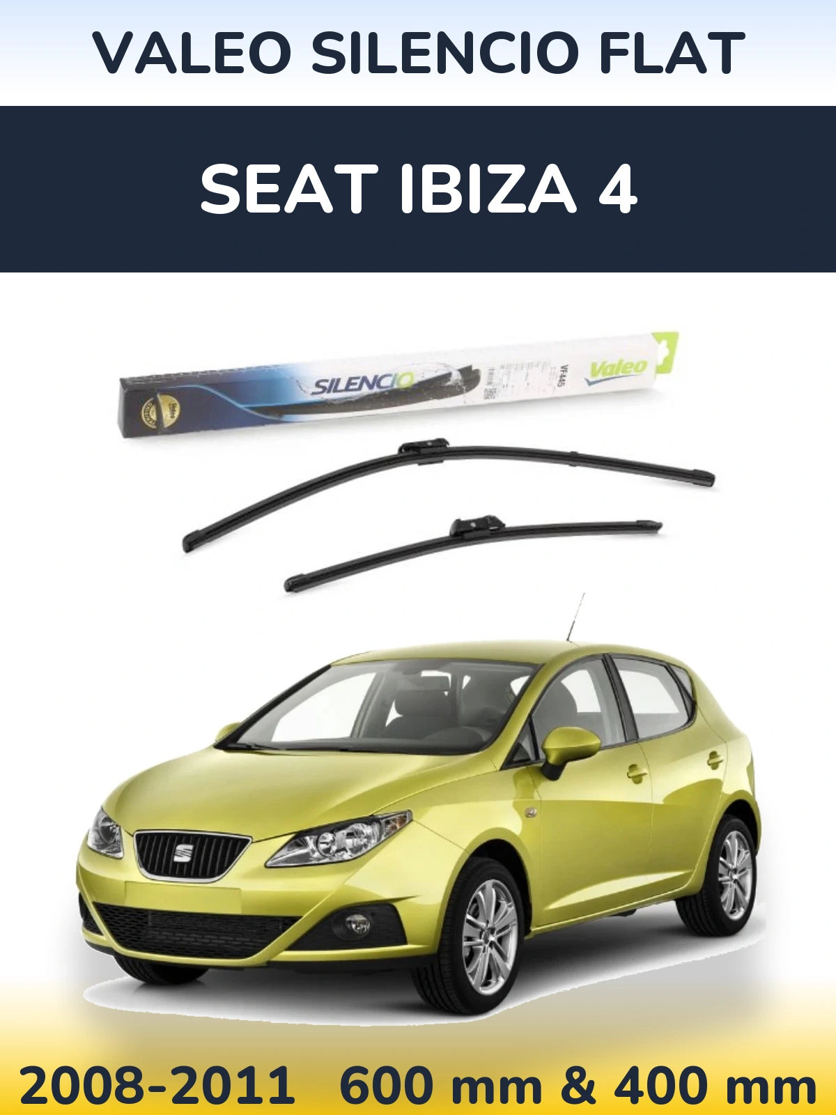 Front wiper blade set Valeo Silencio Flat 600 & 400 mm for SEAT Ibiza 4 2008-2011