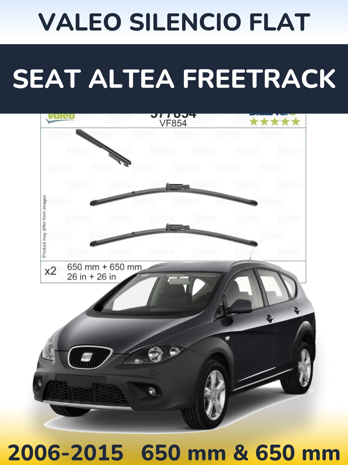 Front wiper blade set Valeo Silencio Flat 650 & 650 mm for SEAT Altea Freetrack 2006-2015