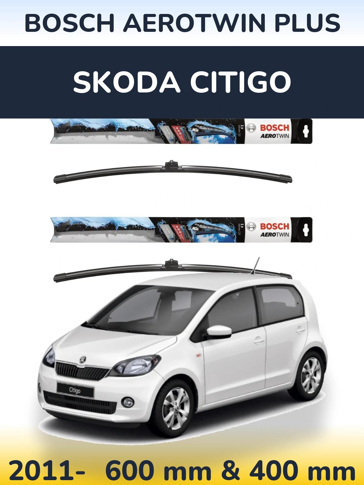 Комплект передніх щіток BOSCH AeroTwin Plus 600 & 400 мм для Skoda Citigo 2011-2026