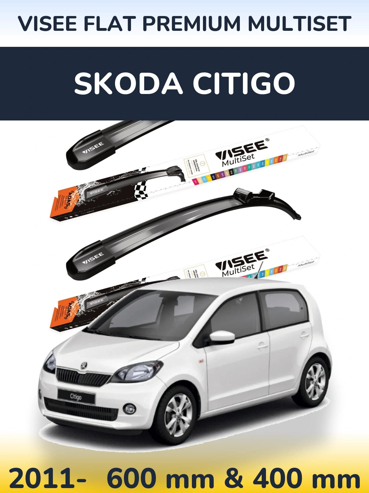 Комплект передніх щіток VISEE FLAT PREMIUM MultiSet 600 & 400 мм для Skoda Citigo 2011-2026
