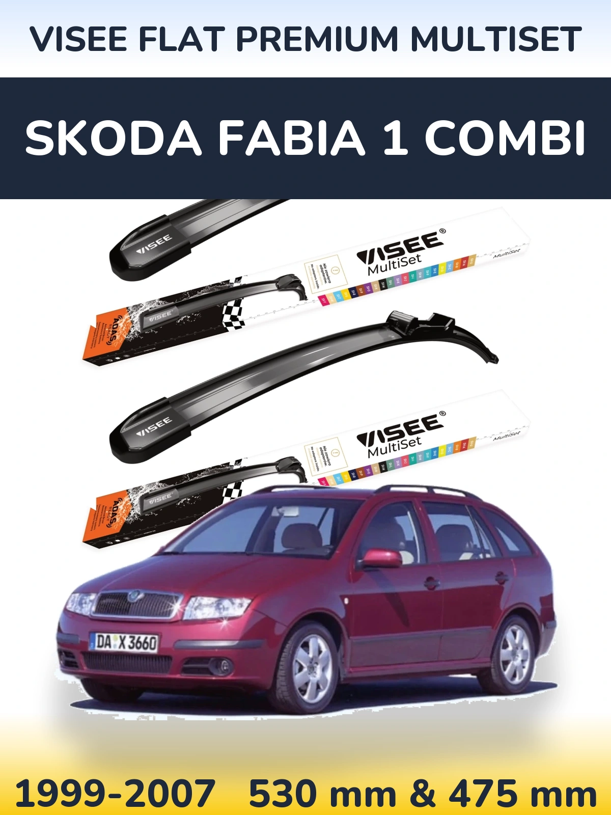 Комплект передних дворников VISEE FLAT PREMIUM MultiSet 530 & 475 мм для Skoda Fabia 1 Combi 1999-2007