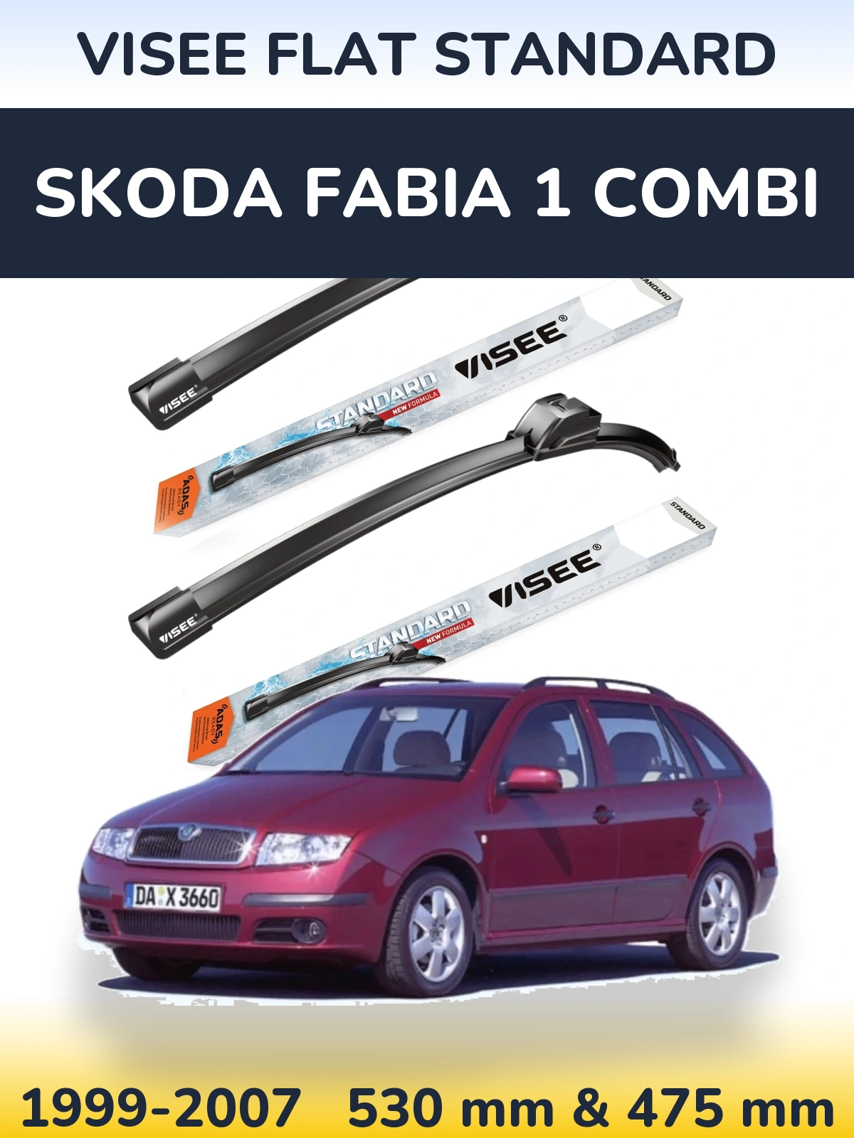 Front wiper blade set VISEE FLAT STANDARD 530 & 475 mm for Skoda Fabia 1 Combi 1999-2007