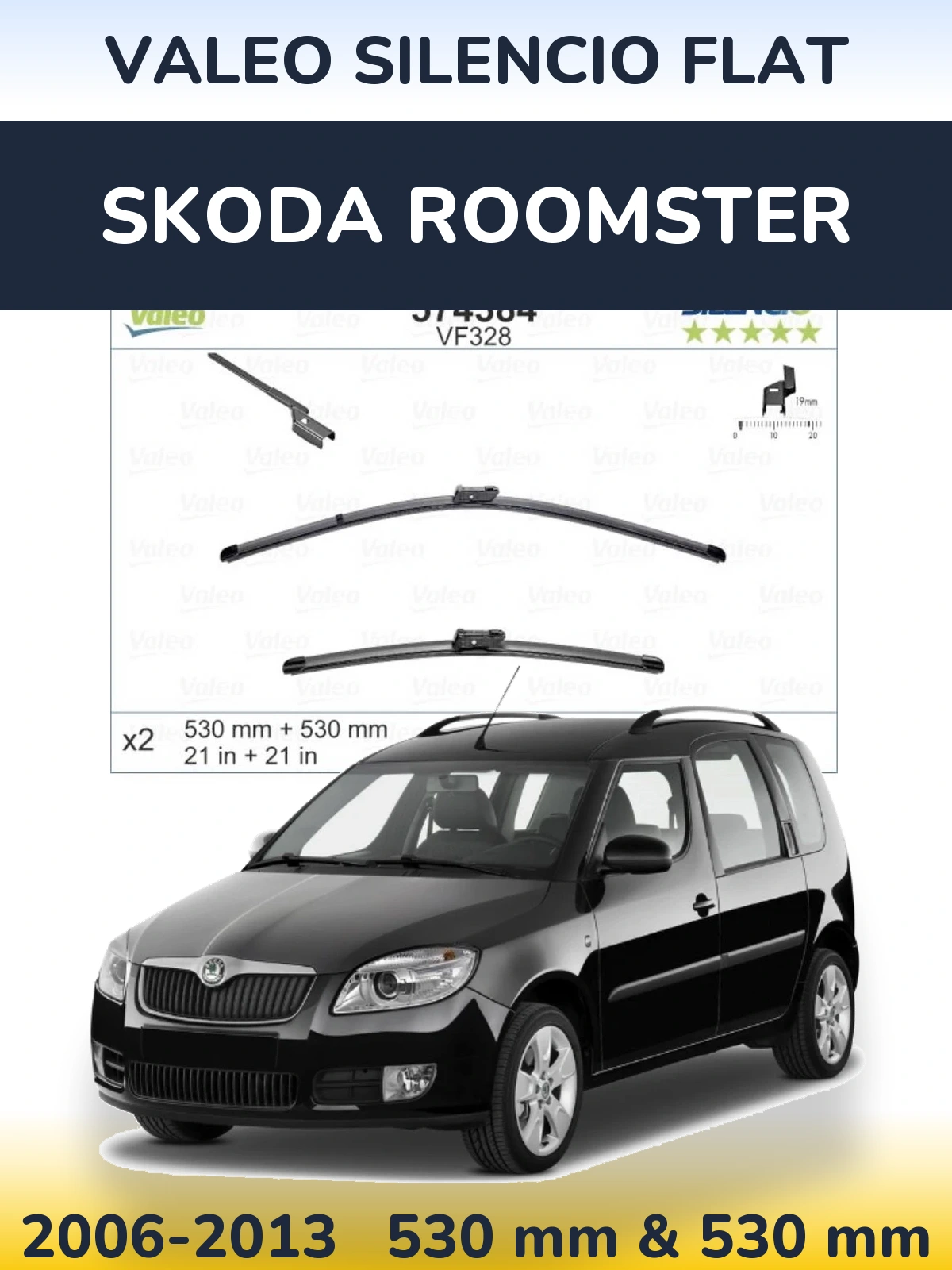 Front wiper blade set Valeo Silencio Flat 530 & 520 mm for Skoda Roomster 2006-2013