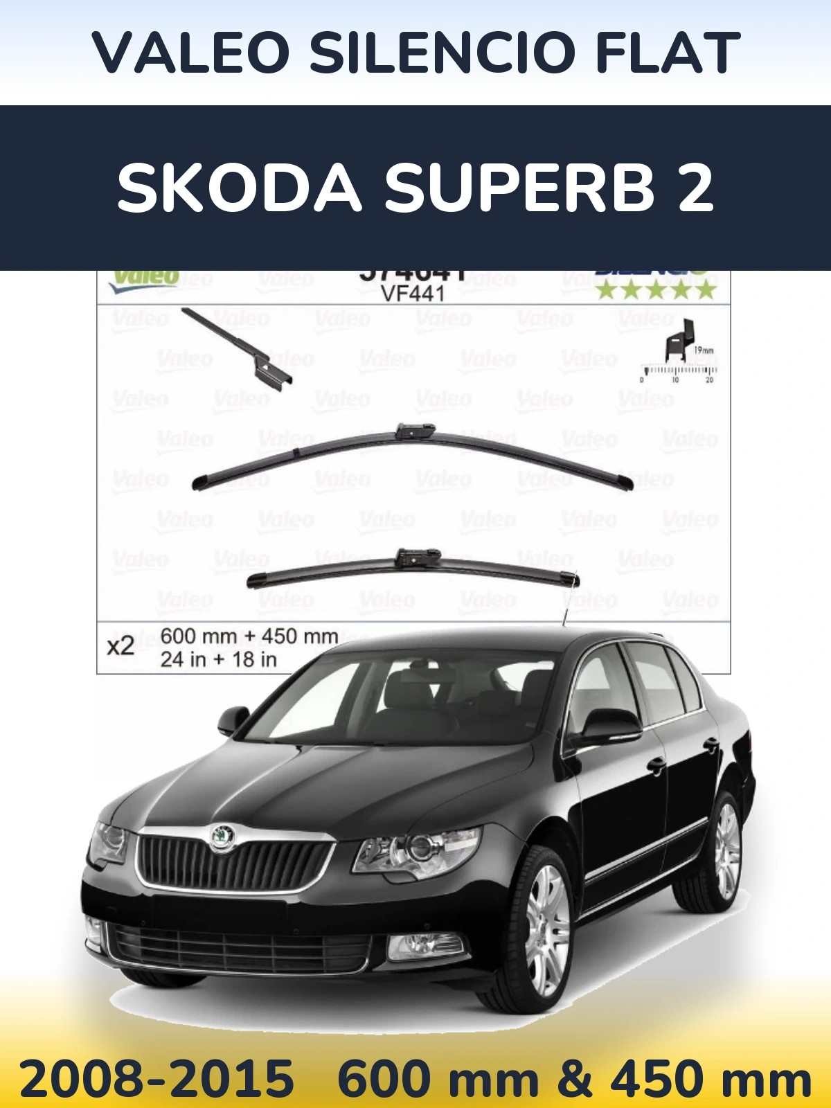 Front wiper blade set Valeo Silencio Flat 600 & 450 mm for Skoda Superb 2 2008-2015