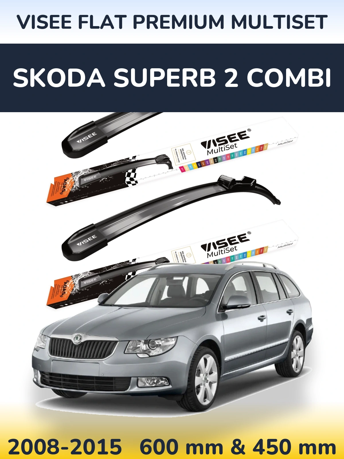 Комплект передніх щіток VISEE FLAT PREMIUM MultiSet 600 & 450 мм для Skoda Superb 2 Combi 2008-2015