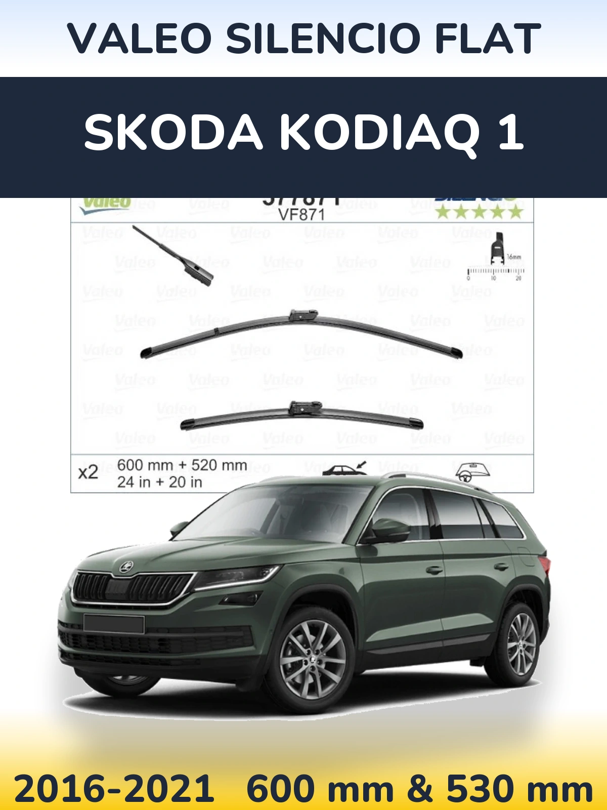 Komplet przednich wycieraczek Valeo Silencio Flat 600 & 520 mm do Skoda Kodiaq 1 2016-2021