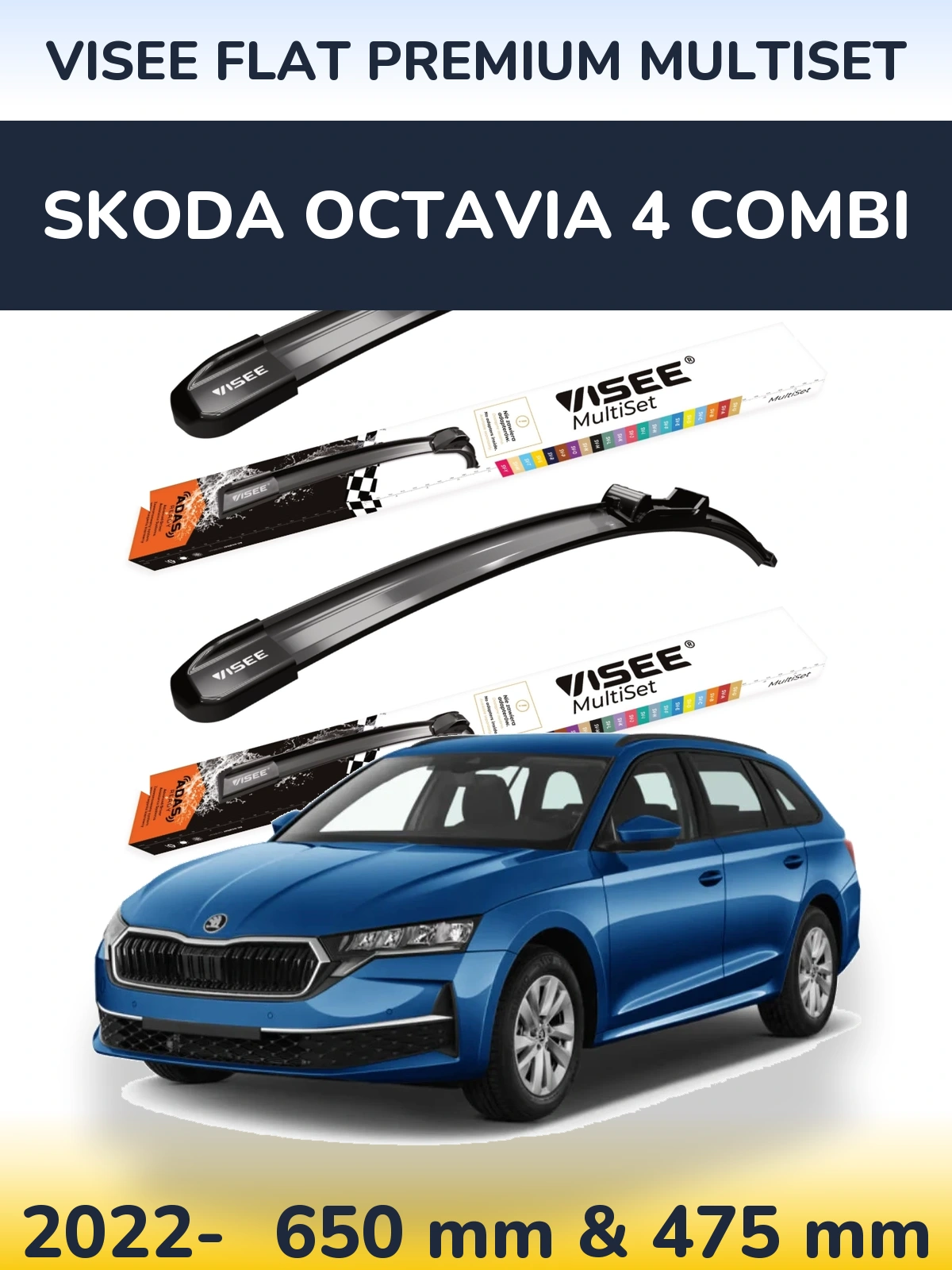 Front wiper blade set VISEE FLAT PREMIUM MultiSet 650 & 475 mm for Skoda Octavia 4 Combi 2022-2026