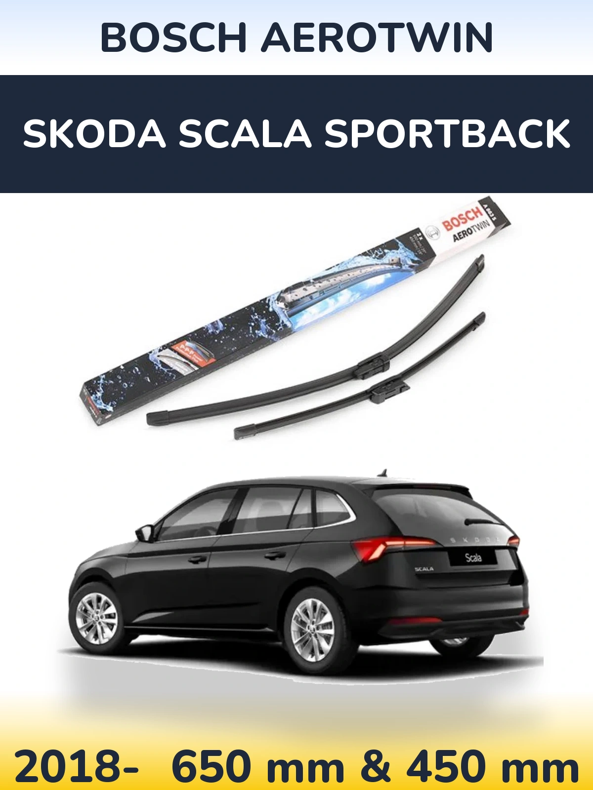 Комплект передних дворников BOSCH AeroTwin 650 & 450 мм для Skoda Scala Sportback 2018-2026