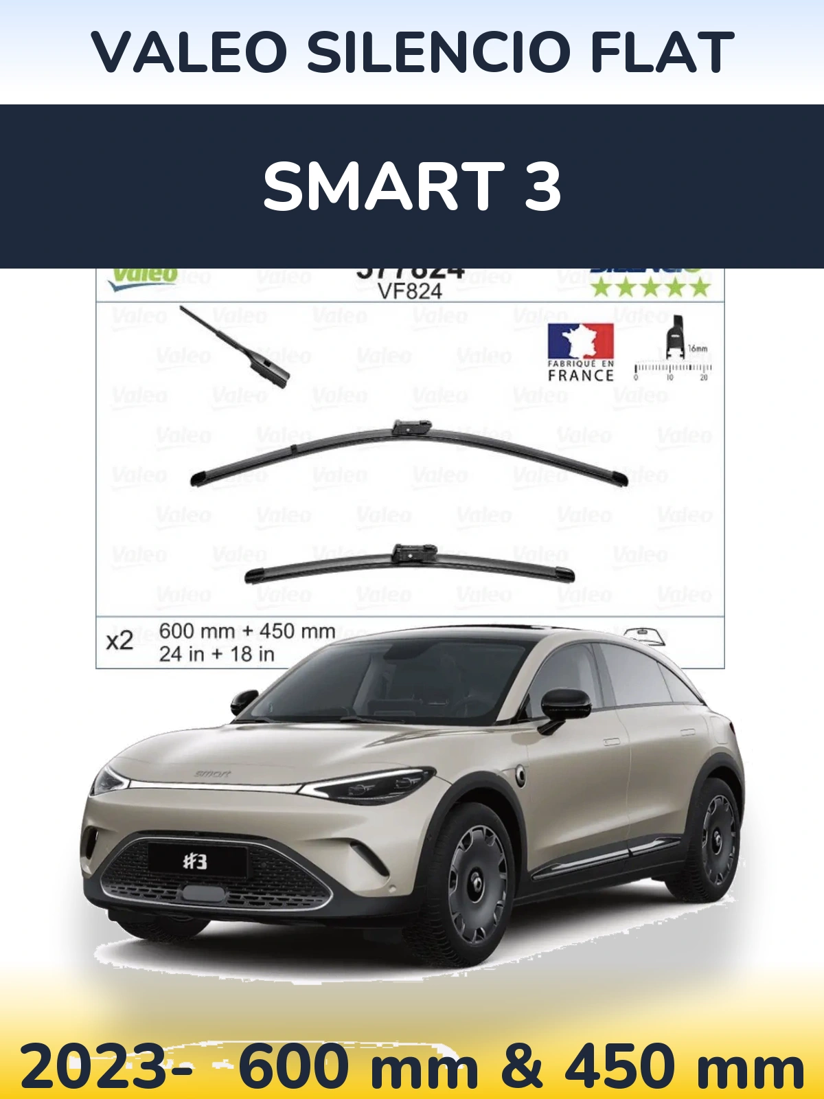 Комплект передніх щіток Valeo Silencio Flat 600 & 450 мм для Smart 3 2023-2026