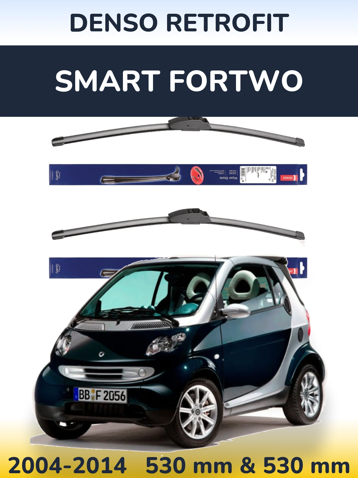 Front wiper blade set Denso Retrofit 530 & 530 mm for Smart Fortwo 2004-2014