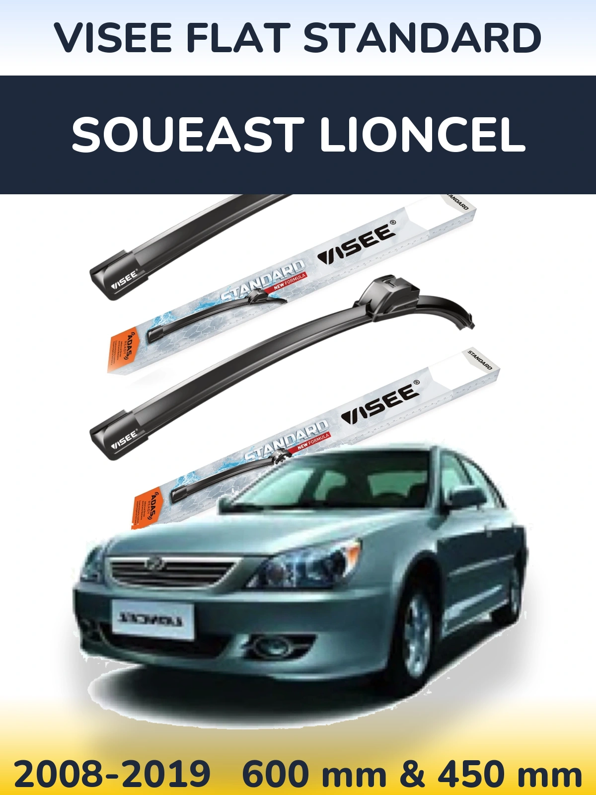 Front wiper blade set VISEE FLAT STANDARD 600 & 450 mm for Soueast Lioncel 2008-2019