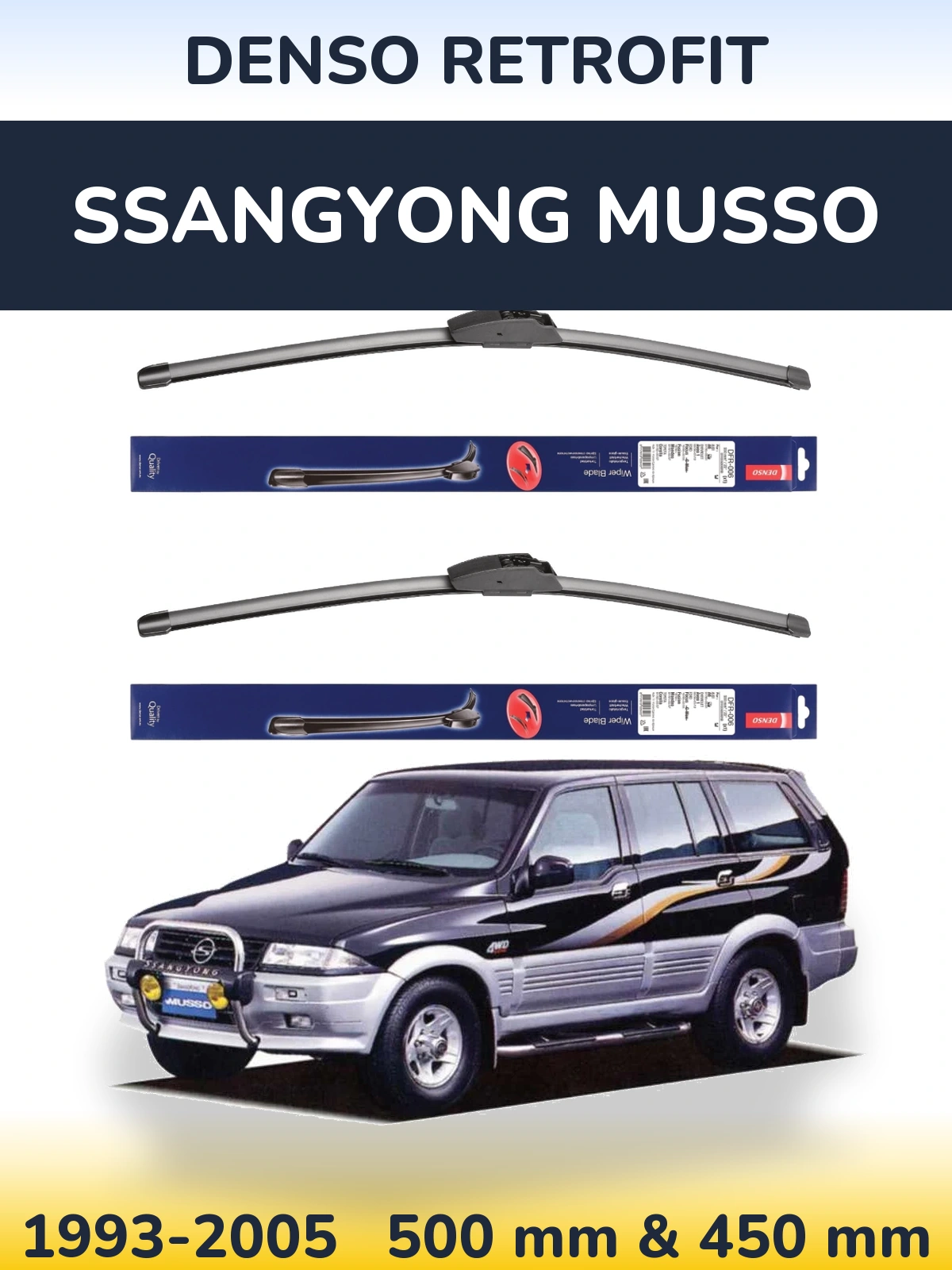 Komplet przednich wycieraczek Denso Retrofit 500 & 450 mm do SsangYong Musso 1993-2005