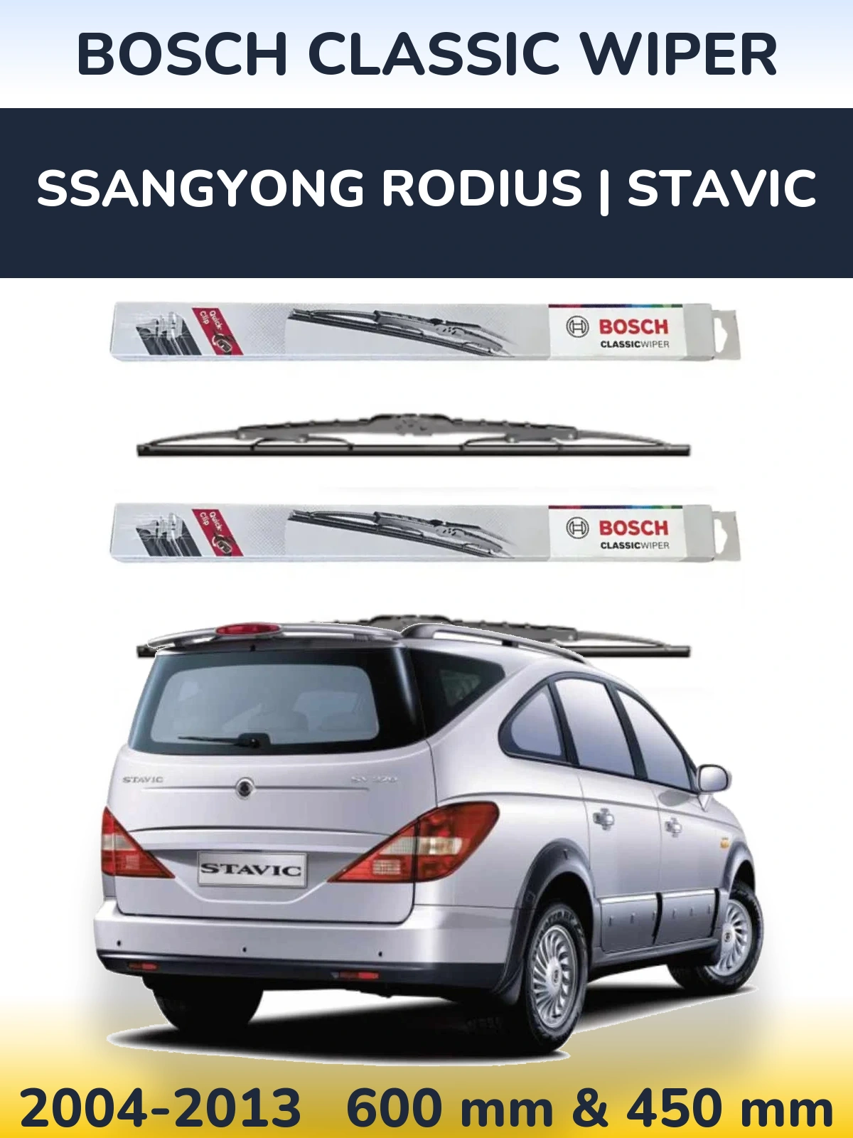 Front wiper blade set BOSCH Classic Wiper 600 & 450 mm for SsangYong Rodius | Stavic 2004-2013