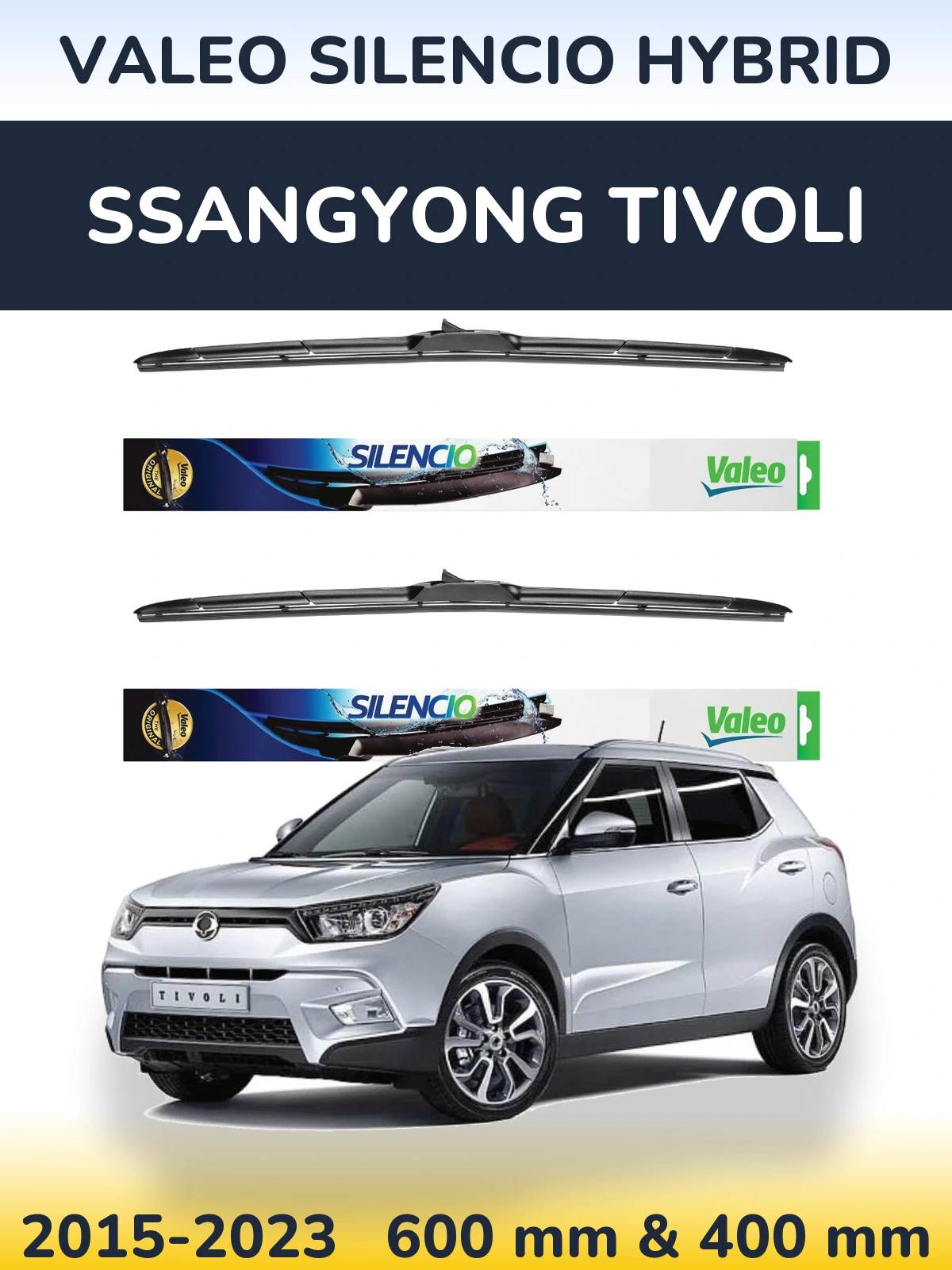 Komplet przednich wycieraczek Valeo Silencio Hybrid 600 & 400 mm do SsangYong Tivoli 2015-2023