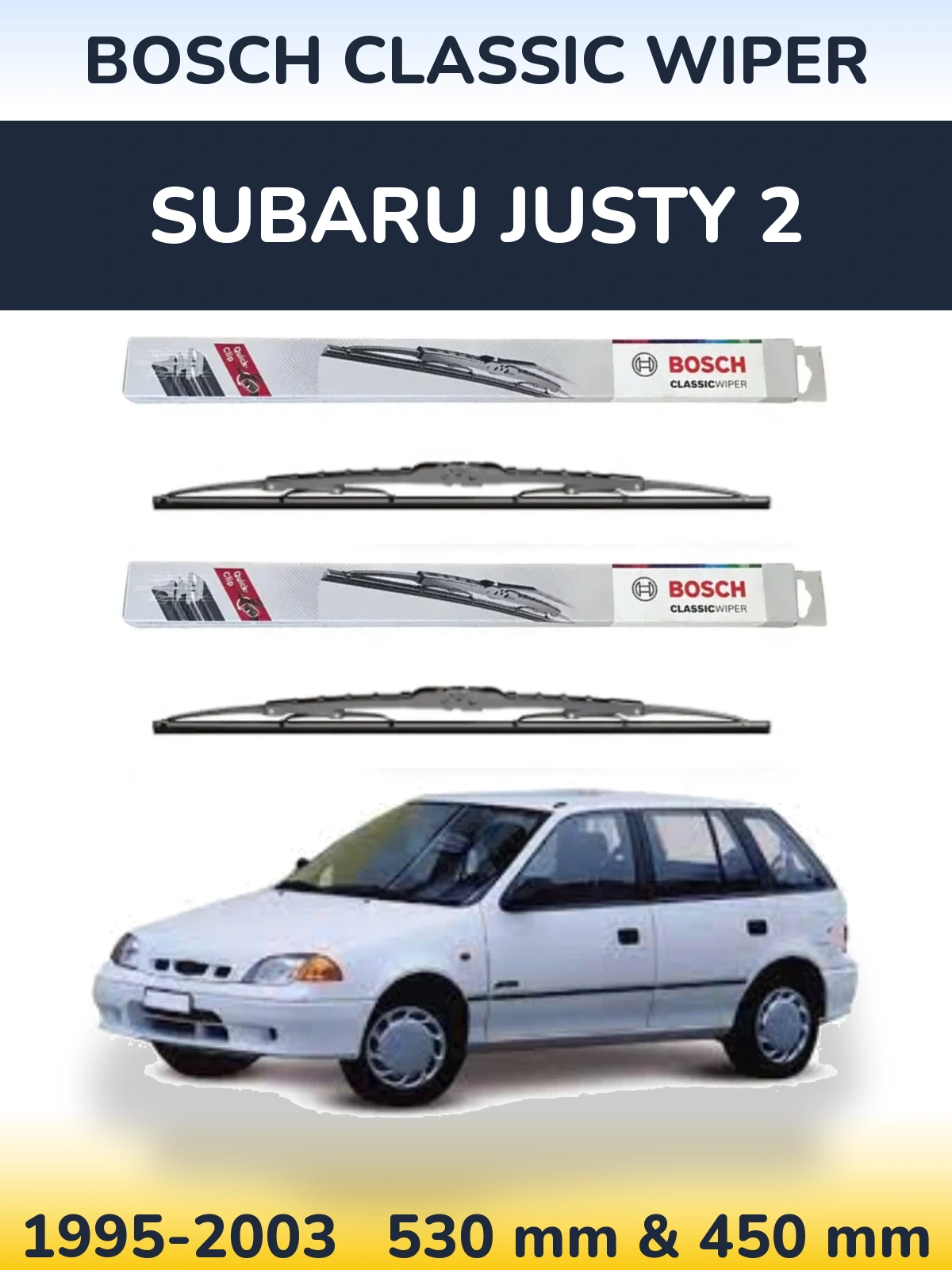 Front wiper blade set BOSCH Classic Wiper 530 & 450 mm for Subaru Justy 2 1995-2003