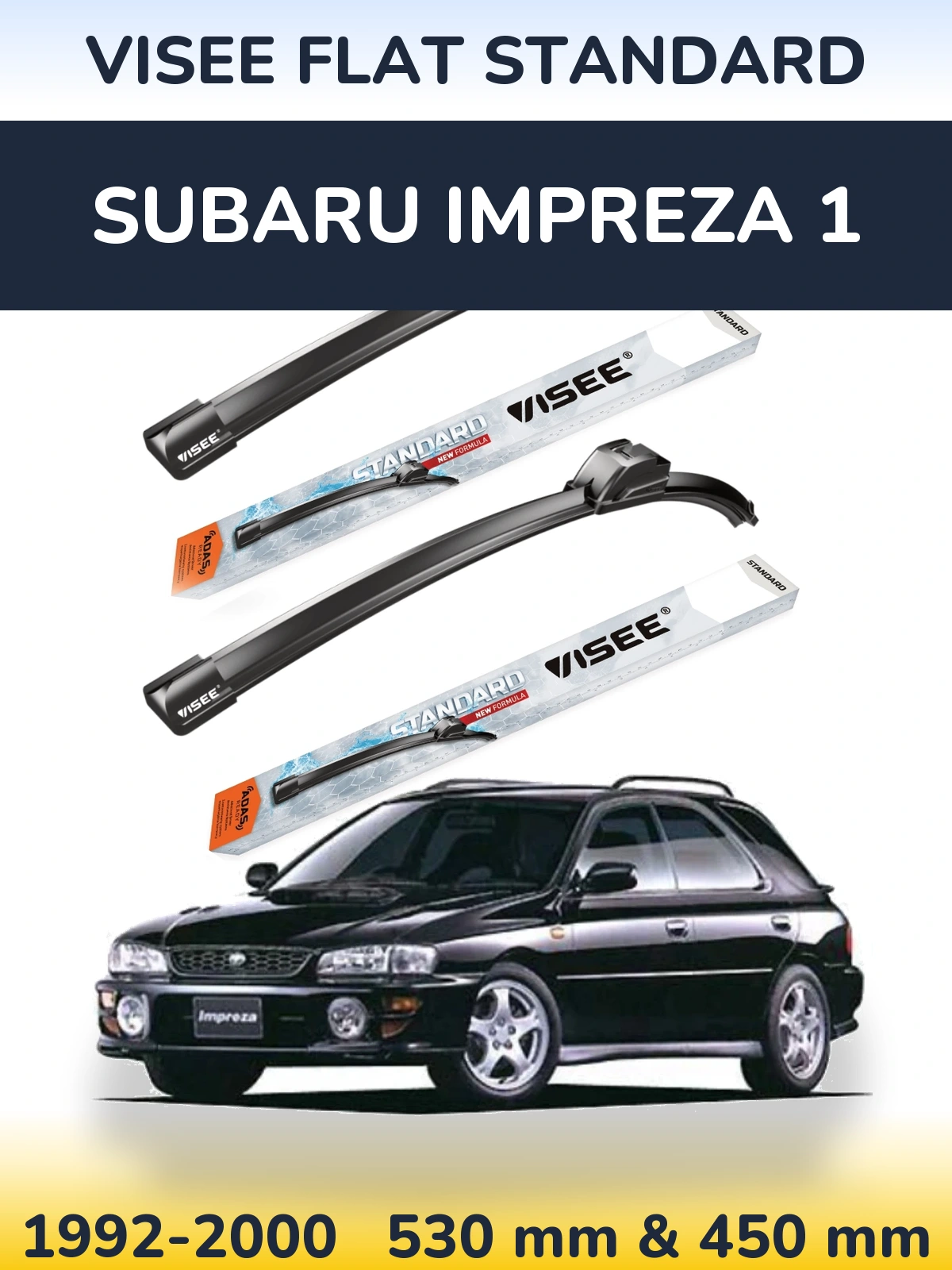 Front wiper blade set VISEE FLAT STANDARD 530 & 450 mm for Subaru Impreza 1 1992-2000