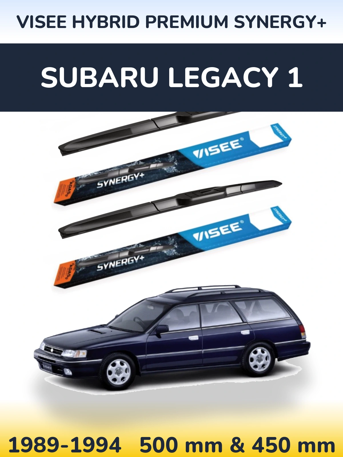 Front wiper blade set VISEE HYBRID PREMIUM SYNERGY+ 500 & 450 mm for Subaru Legacy 1 1989-1994